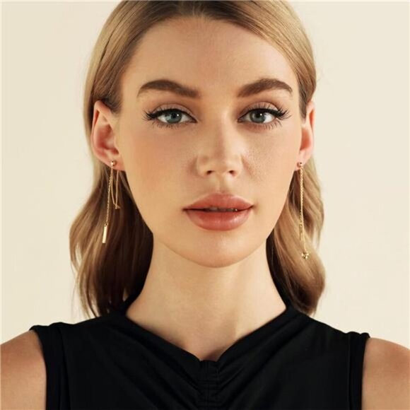 Chain Earrings for Women 18K Gold Plated Dainty Bar Drop Dangle Earrings - Picture 2 of 7